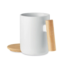 Mug en porcelaine avec couvercle et poignée bambou 380ml personnalisable
