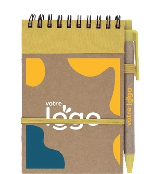 Bloc-notes à spirale en carton recyclé avec stylo - 70 pages personnalisable