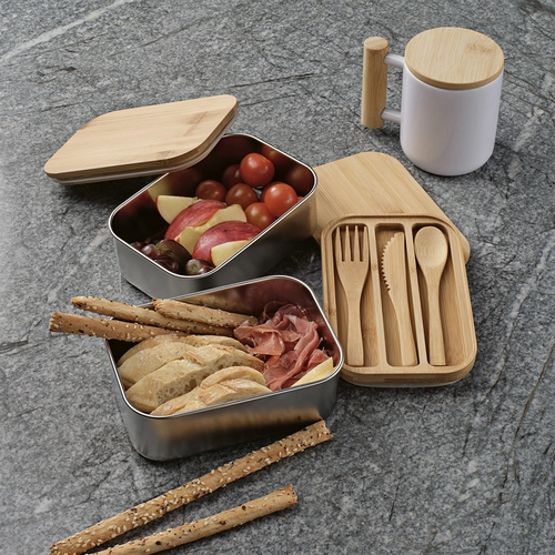 image du produit Boîte à déjeuner 1480 ml deux compartiments 1480 ml - Lunchbox en inox recyclé et couvercle bambou