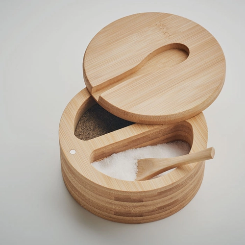 image du produit Boîte à sel et poivre en bambou avec cuillère intégrée