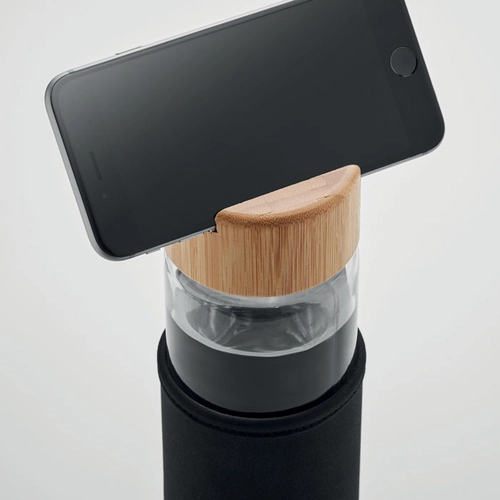 image du produit Bouteille en verre 600 ml avec bouchon support de téléphone en bambou