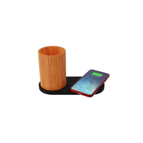 image du produit Hub pot à crayon rond en bois doté d'un chargeur à induction