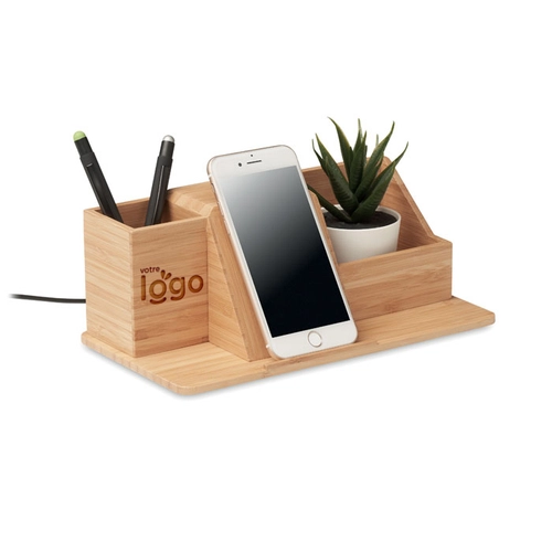 image du produit Organisateur de bureau en bambou avec charge sans fil téléphone 10W