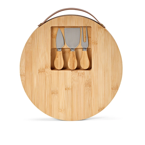 image du produit Planche en bambou ronde avec poignée de transport - inclus 3 couverts en inox