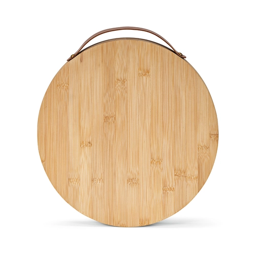 image du produit Planche en bambou ronde avec poignée de transport - inclus 3 couverts en inox
