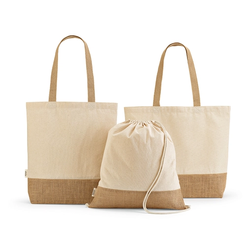 image du produit Sac à cordelettes en coton recyclé avec fond en jute - Sac pochon 180g/m2