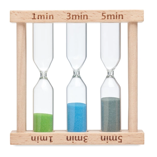 image du produit Set de 3 sabliers sur socle en bois avec 3 minuteries différentes