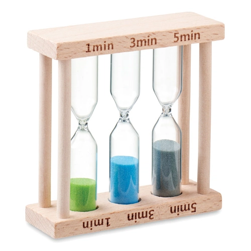 image du produit Set de 3 sabliers sur socle en bois avec 3 minuteries différentes